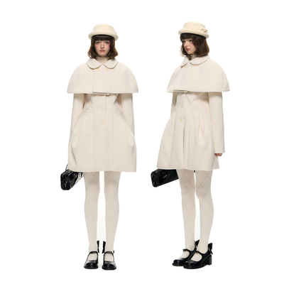 Romance Nanci千金感可拆卸斗篷收腰花苞毛呢大衣娃娃领呢子外套