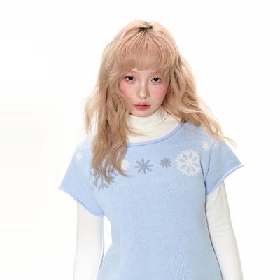 南西 蓝色雪花针织毛衣背心2024冬季套头叠穿罩衫上衣