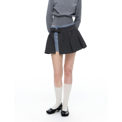 Romance Nanci 灰色格子拼接百褶裙秋冬假两件设计感半身裙短裙