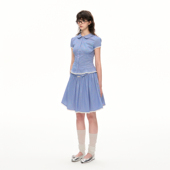 Nanci 显白蓝色格子花边短袖 收腰衬衫 Romance 甜美少女半身裙套装