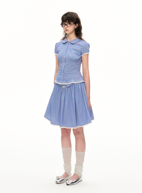 Romance Nanci 显白蓝色格子花边短袖收腰衬衫甜美少女半身裙套装