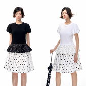 Romance 上衣 T恤甜美泡泡袖 Nanci 黑白色波点拼接宽松短袖