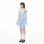 Romance 新款 Nanci 蓝色斜肩设计感蝴蝶结绑带连衣裙夏季