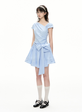 Romance Nanci 蓝色斜肩设计感蝴蝶结绑带连衣裙夏季新款