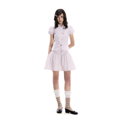 Romance nanci 彩色贝壳扣泡泡肌理短袖衬衫收腰显瘦短裙套装