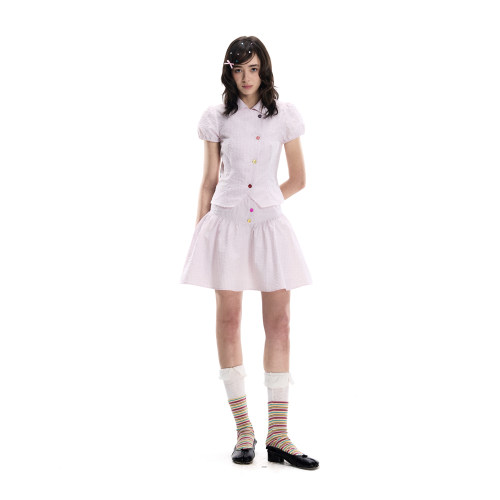 Romance nanci 彩色贝壳扣泡泡肌理短袖衬衫收腰显瘦短裙套装