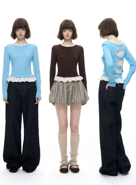 Romance Nanci 设计感花边撞色叠穿长袖T恤秋冬假两件打底上衣