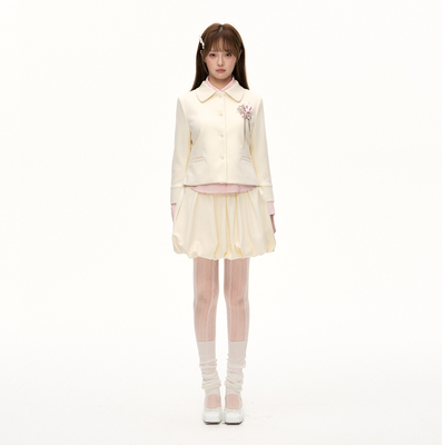 米白色七分袖西装花苞裙千金套装