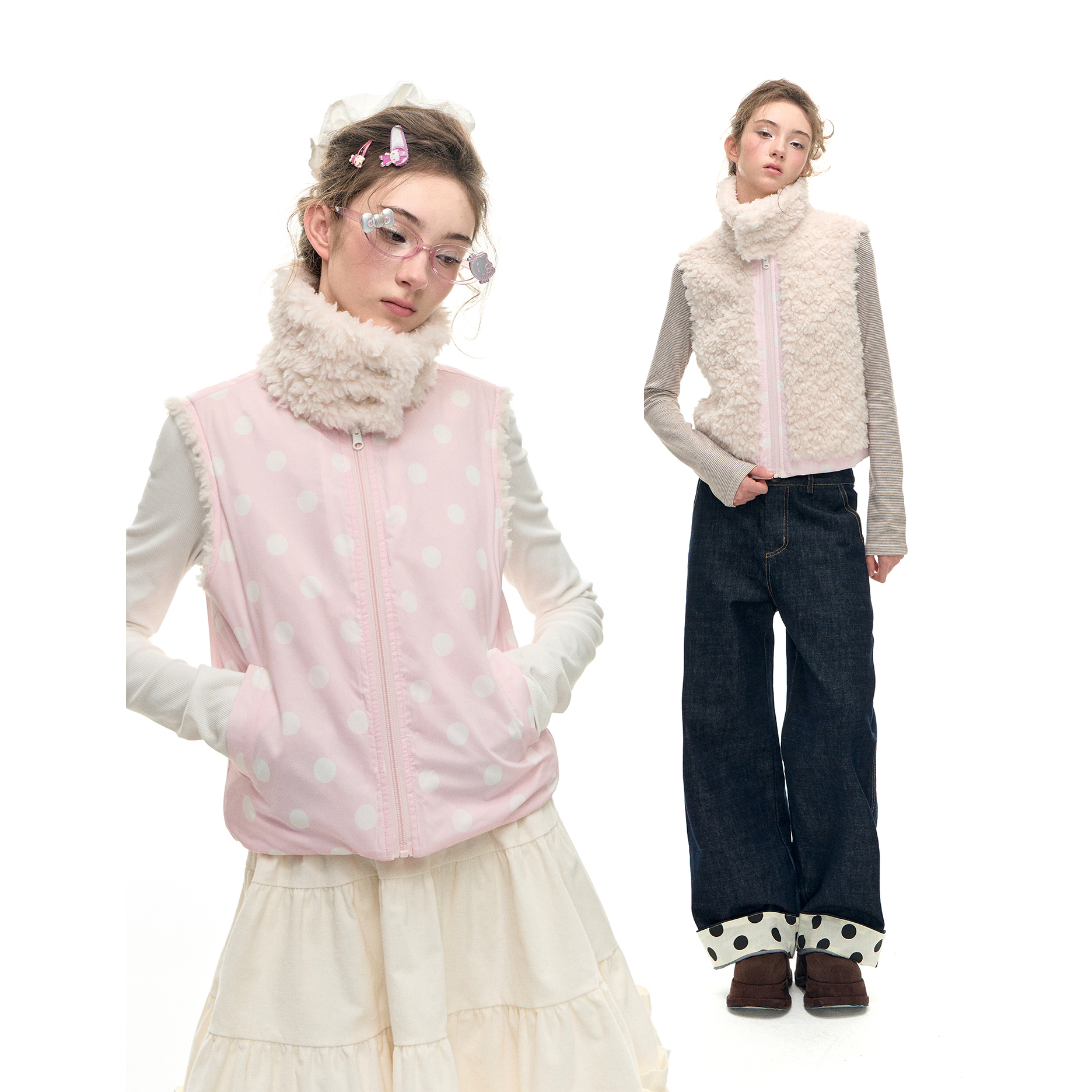 Romance Nanci 两面穿可爱波点羊羔绒马甲立领无袖拉链外套