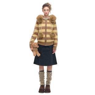 冬季 条纹大毛领宽松加厚毛衣开衫 休闲连帽外套 Nanci Romance