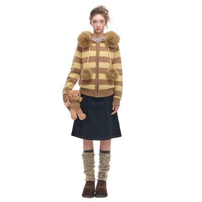 Romance Nanci 条纹大毛领宽松加厚毛衣开衫冬季休闲连帽外套