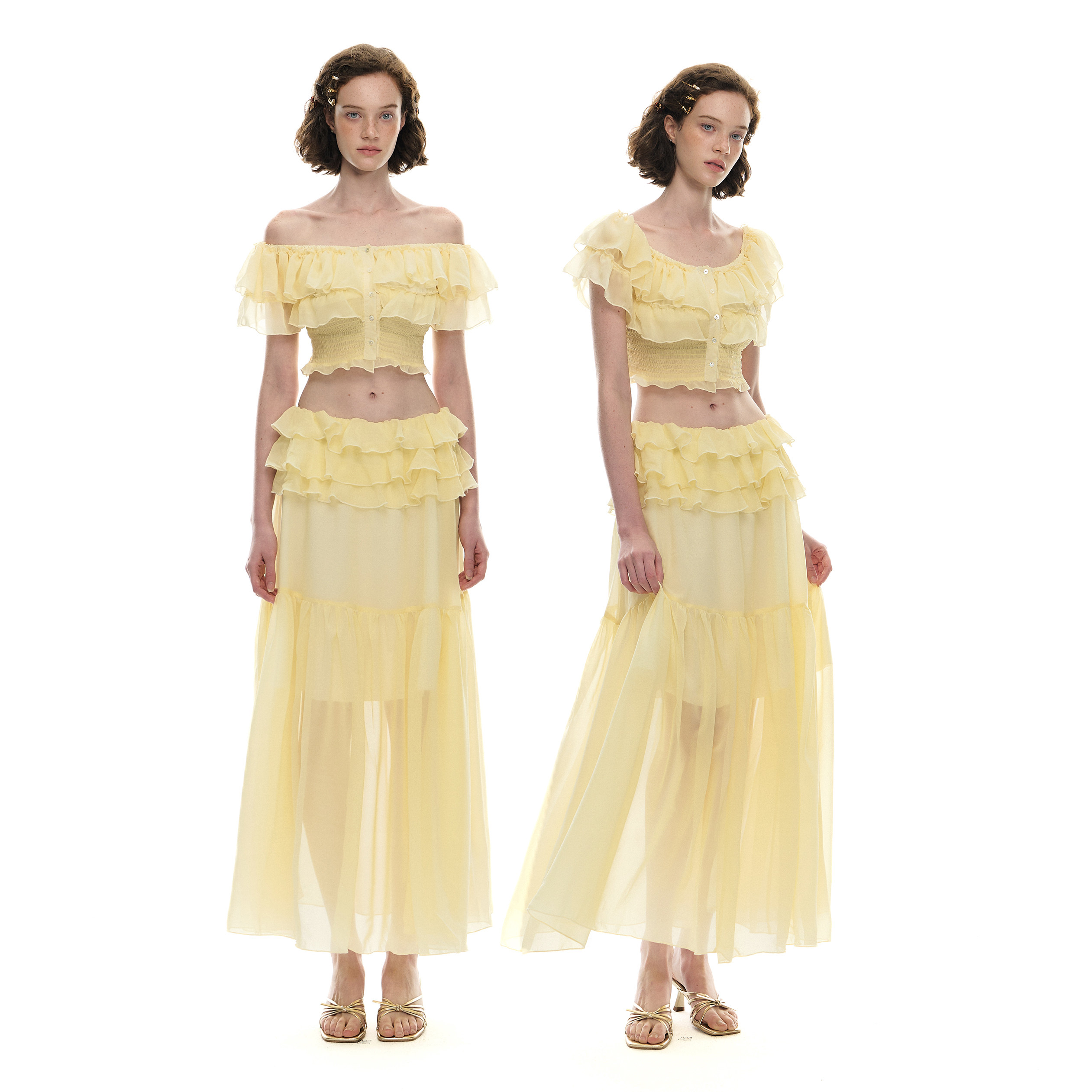 Romance Nanci 明媚黄色一字领上衣荷叶边飘逸长裙海边度假套装