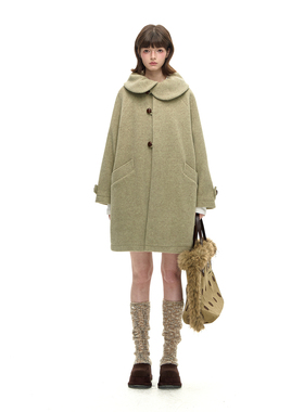 Romance Nanci  苔藓绿花瓣领毛呢大衣秋冬中长款呢子外套