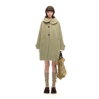 Romance Nanci  苔藓绿花瓣领毛呢大衣秋冬中长款呢子外套