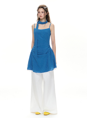 RomanceNanci 克莱因蓝无袖波点吊带裙收腰显瘦度假风连衣裙