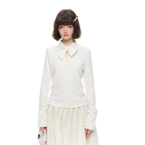 Romance Nanci  白色甜美蝴蝶结领花边长袖内搭T恤修身打底衫