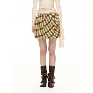 Romance Nanci黄紫色格纹半裙秋冬百搭褶皱设计显瘦毛呢短裙