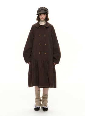 Romance Nanci 棕色双排扣宽松毛呢大衣学院风中长款呢子外套