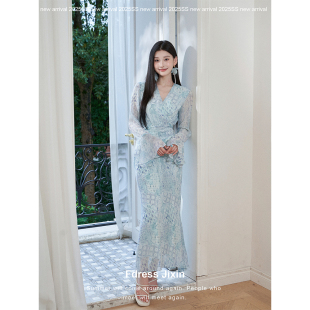 Fdress寄信 气质优雅裙海边度假复古印花蓝色连衣裙 夏季 绝美法式