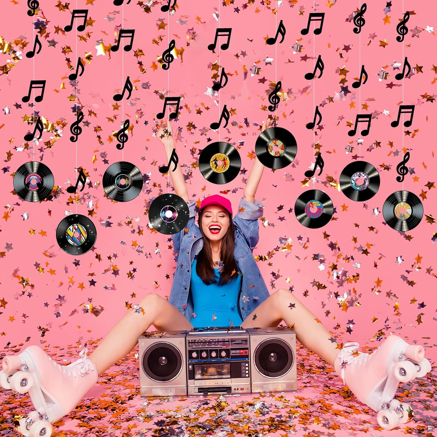 音乐主题餐厅大厅橱窗美陈装扮顶棚挂饰摇滚碟片音符星星拉花吊饰