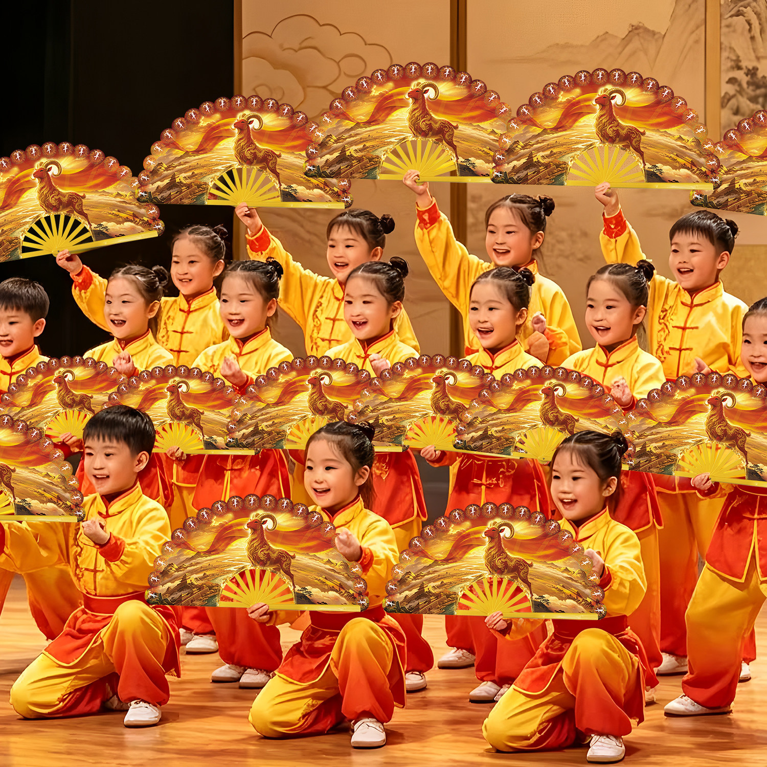2027羊年折扇新春舞蹈功夫扇儿童古风8寸10寸小学生双面太极响扇