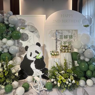 抹茶森林ins小香风熊猫主题宝宝宴布置宝宝生日百日宴定制背景