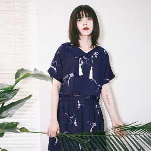 芍药居原创蓝白鹤流苏上衣宽松显瘦短款棉麻印花t恤女2019新款夏