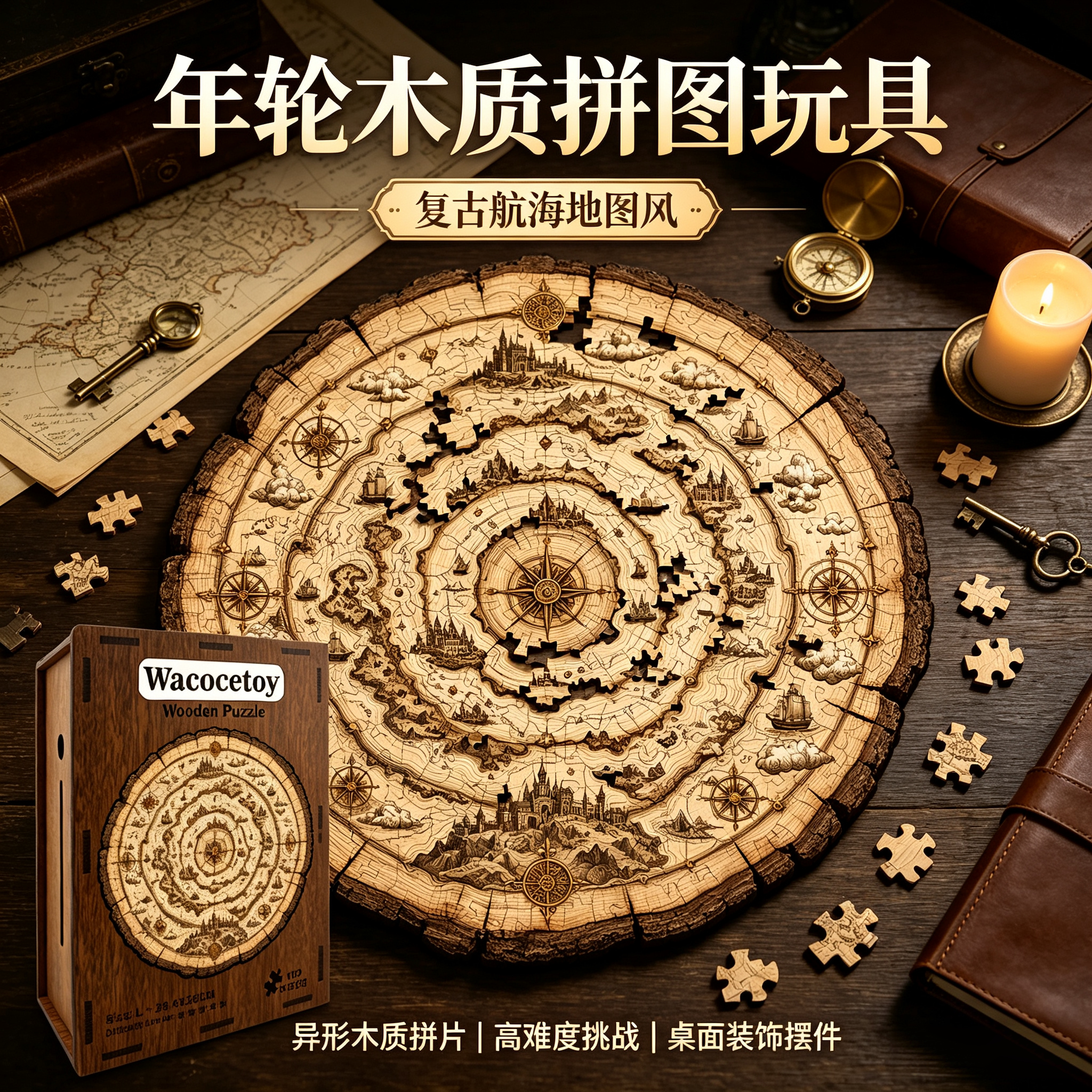 复古航海地图年轮木质拼图异形puzzle成人解压益智玩具送礼收藏