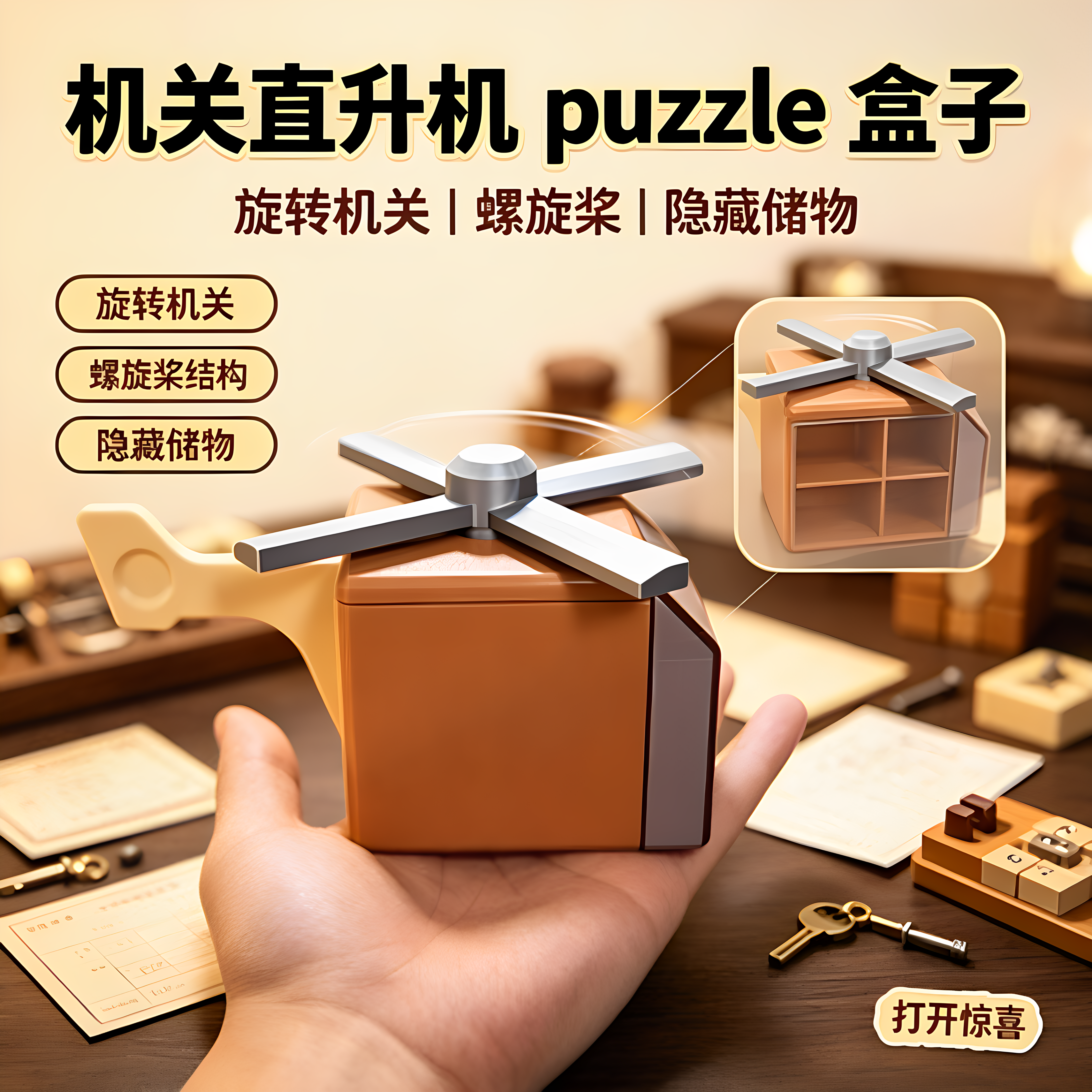 机关直升机puzzle解密盒子螺旋桨离心力的圣诞礼物收纳玩具十级