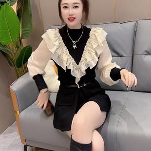 2024秋冬新款气质时尚荷叶边撞色拼接T恤洋气打底上衣万圣节