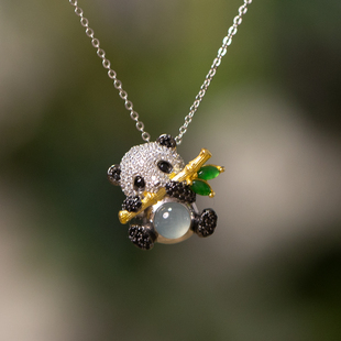 翡翠熊猫吊坠S925银镶嵌冰种天然缅甸玉鉴定证书复古风简约复古