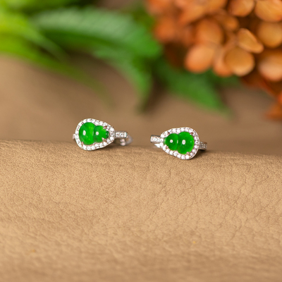 翡翠葫芦耳扣S925银镶嵌