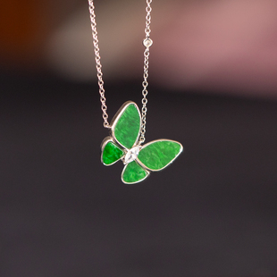 翡翠糯种蝴蝶吊坠S925银锆石镶嵌糯种天然缅甸玉精致鉴定证书女款