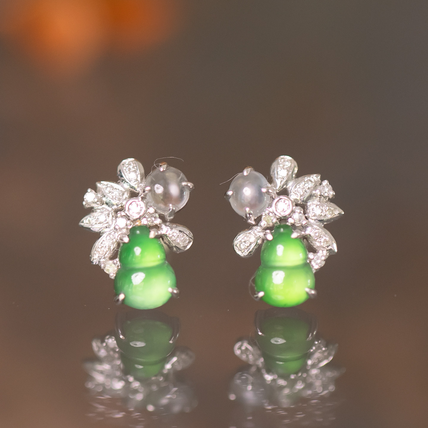 翡翠葫芦耳钉18K金镶嵌耳饰耳环冰种天然缅甸玉百搭精致鉴定证书