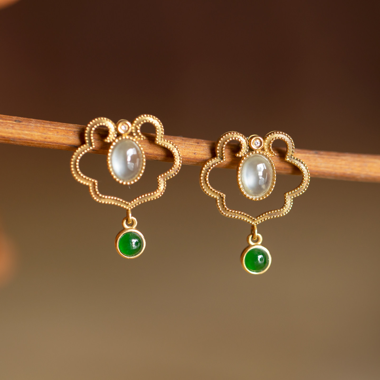 天然缅甸玉翡翠A货如意耳钉耳饰耳环冰种蛋面18K金镶嵌气质轻奢