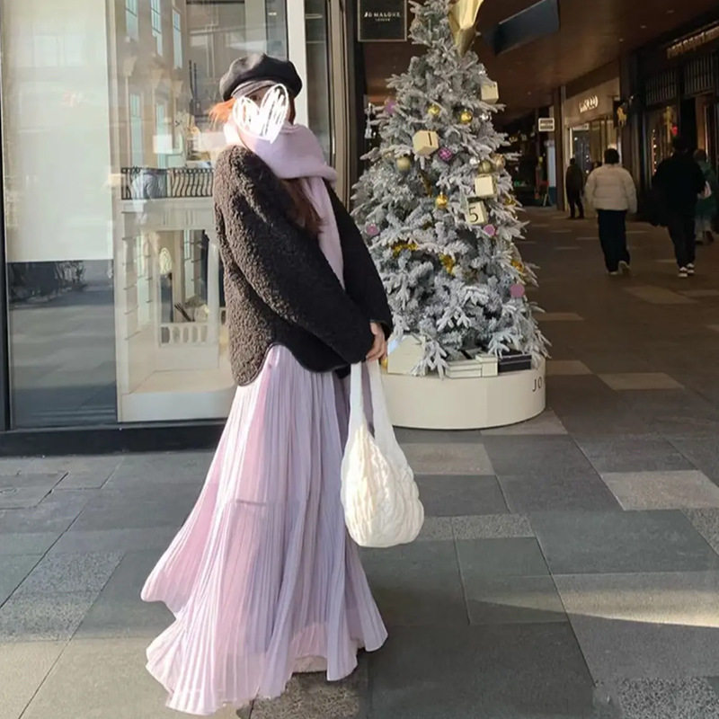 紫色半身a字裙女2025春新款夏高腰显瘦伞裙温柔仙女百搭压皱长裙