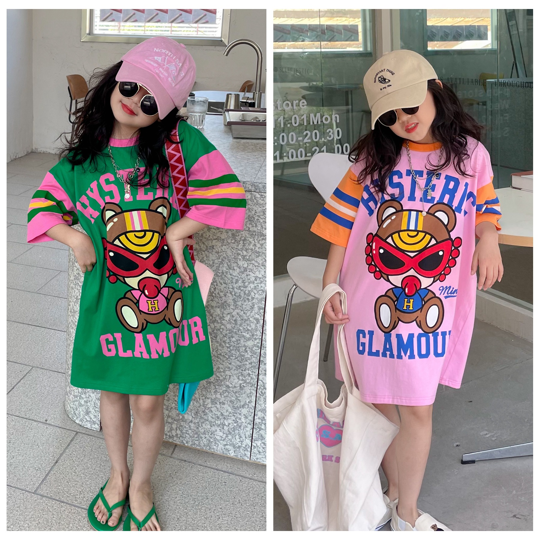 2025夏季新款女童纯棉T恤裙亲子装母女装卡通印花中长宽松连衣裙