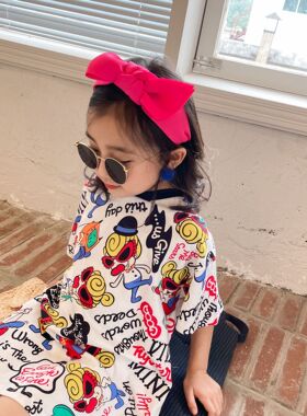 ins超火2025夏季新款童装半袖中长T恤洋气纯棉卡通女童宽松连衣裙