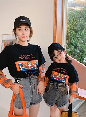 亲子装母女装洋气假两件女童长袖T恤2025春秋新款休闲时尚韩版潮T