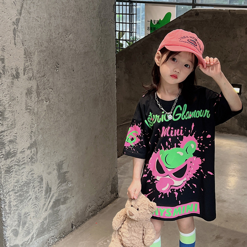 女童中长款T裙夏款纯棉2025新款亲子装母女装时尚半袖宽松连衣裙T