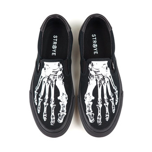 小众straye外贸布面滑板鞋运动休闲slipon一脚蹬骨头黑色帆布鞋