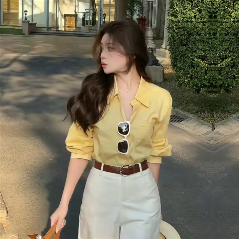 春秋季黄色长袖衬衫女2025春装新品女装韩系上班通勤内搭打底衫