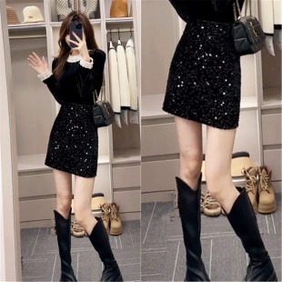 短裙子 拉链款 秋冬季 氛围感亮闪闪黑色半身裙A字裙女高腰显瘦修身