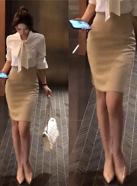 职业OL气质后开叉杏色包臀半身裙女2026春夏季大码弹力修身一步裙