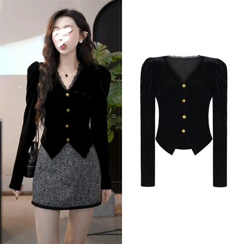 修身复古风长袖丝绒蕾丝拼接小衫