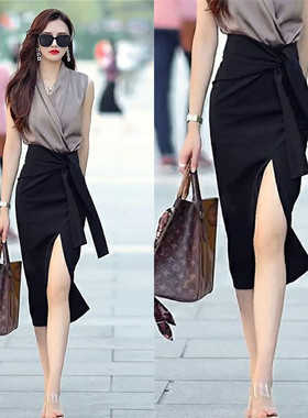 开叉黑色半身裙女2025春夏秋新款职业装ol气质高腰绑带中长款包裙