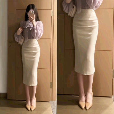 春夏温柔风弹力包臀半身裙一步裙后开叉通勤高腰褶皱修身长款包裙