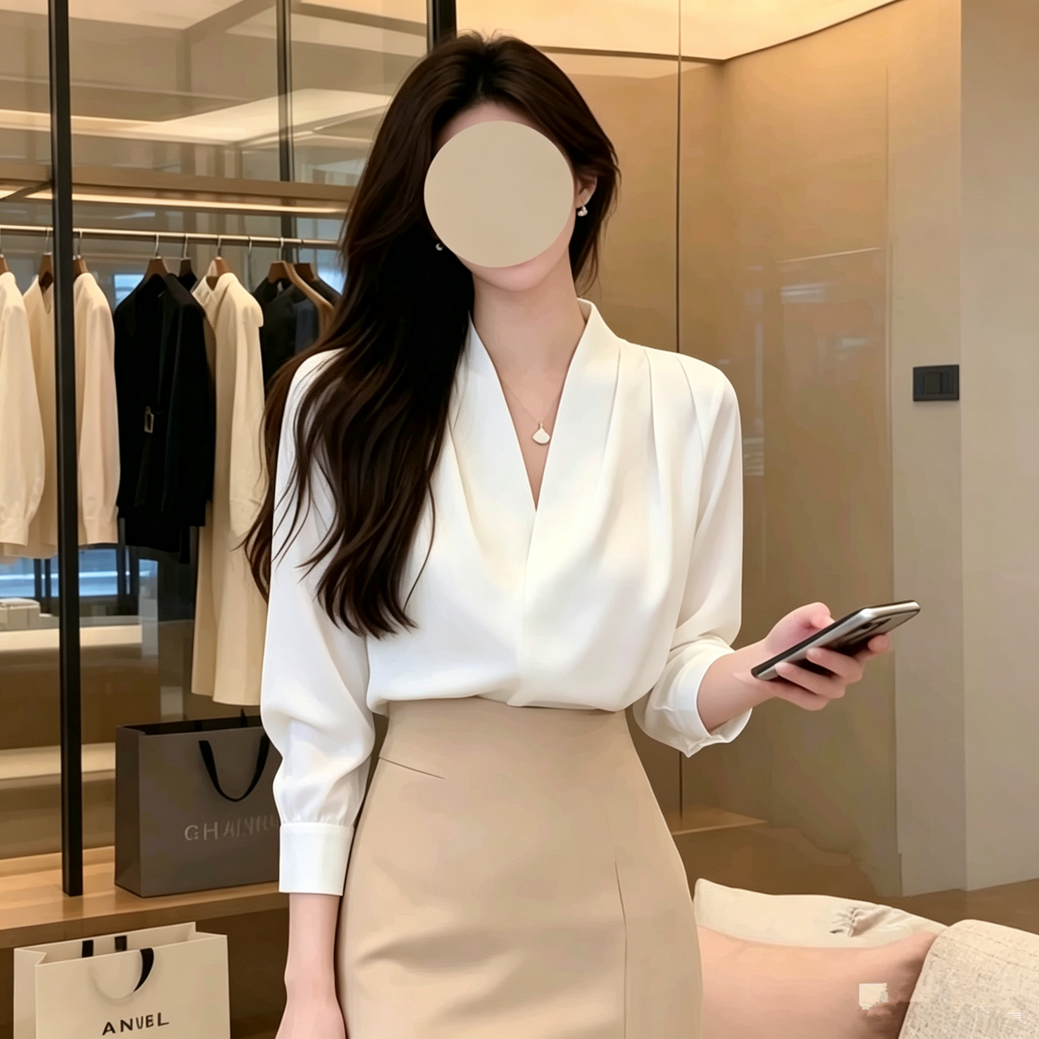 2026春季白色长袖衬衫女V领褶皱宽松通勤职业OL气质韩版御姐上衣