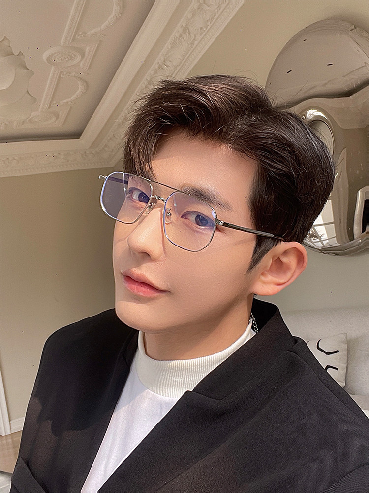 痞帅双梁防蓝光眼镜男潮大框抗辐射无度数平光镜装饰近视可配度数