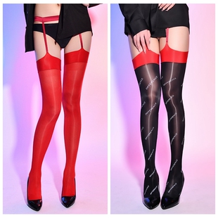 油亮带字母吊带一体超薄免脱马油袜纯色黑丝袜性感镂空过膝长筒袜